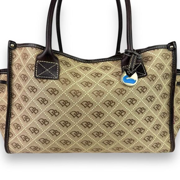 Dooney & Bourke Vintage 90s Signature Weekender Leather Canvas Tote Tan Brown - Picture 3 of 12